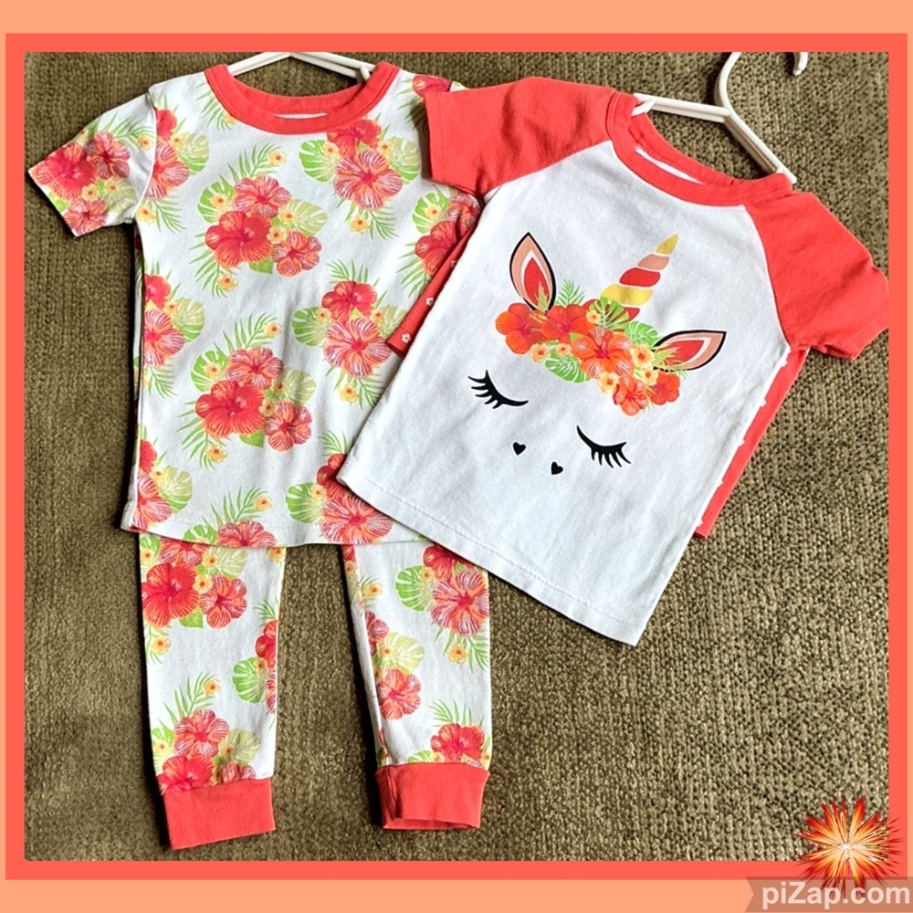Unicorn Floral Kids 2 Pajama Sets - Peach, Pink, Orange, White ~ Sz 3T